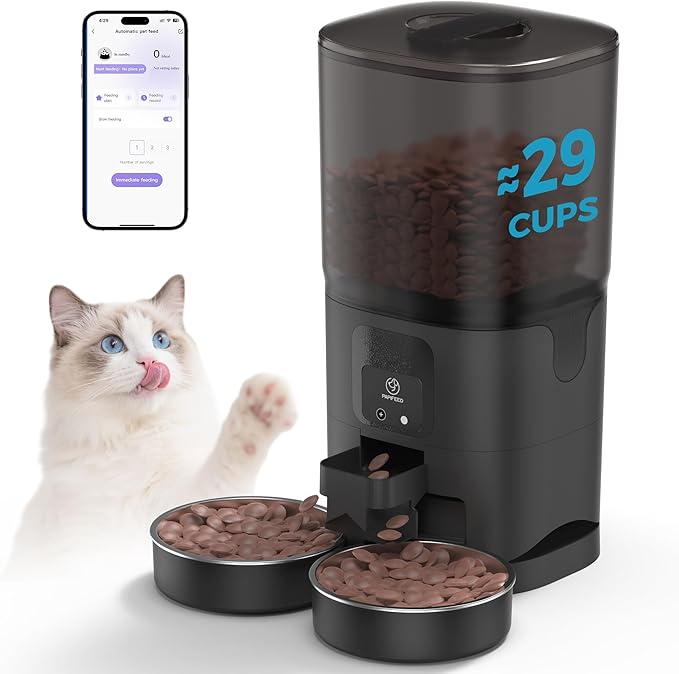 PAPIFEED Automatic Cat Feeder 2 Cats, 2.4G WiFi Cat Food Dispenser with App, 7L Slow Feeder Timed Cat Feeder for Dry Food, 10 Meals/Day, 12 Portions/Meal, Smart Pet Feeder for Dog, Black