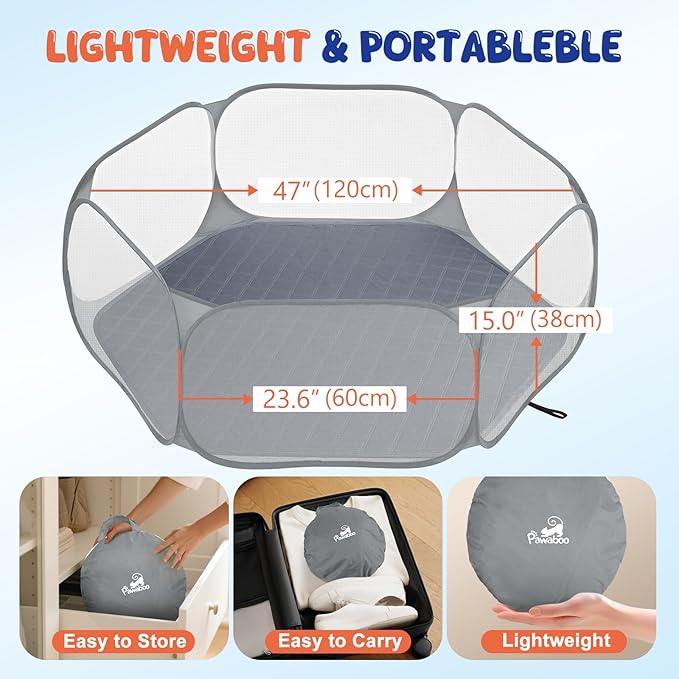 Pawaboo Small Animals Playpen with Pad, Waterproof Small Pet Cage Tent with Reusable Pad, Portable Outdoor Yard Fence for Chick/Kitten/Puppy/Guinea Pig/Rabbits/Chinchillas, Gray+Gray