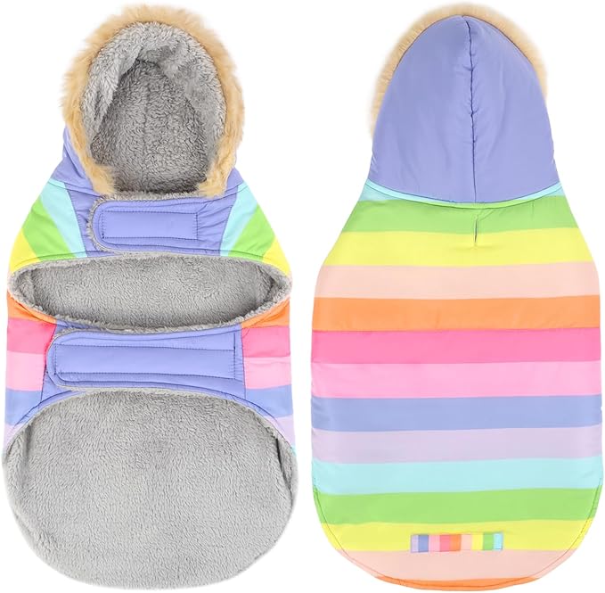 HDE Dog Puffer Jacket Fleece Lined Warm Dog Parka Winter Coat with Harness Hole Pastel Rainbow - M