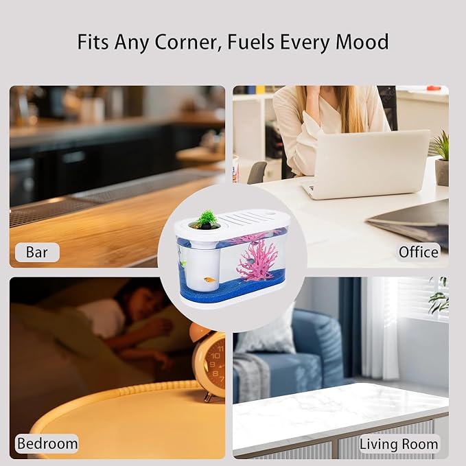 Fish Tank Kits,PC Small Aquarium Starter Kit,2.2 Gallon Nano Desktop Tank with Quiet Filter, Lid,Color-Changing Light&Decor for Betta Shrimp Guppy Jellyfish Goldfish Beta(12.6 * 7 * 5.6 Inch)