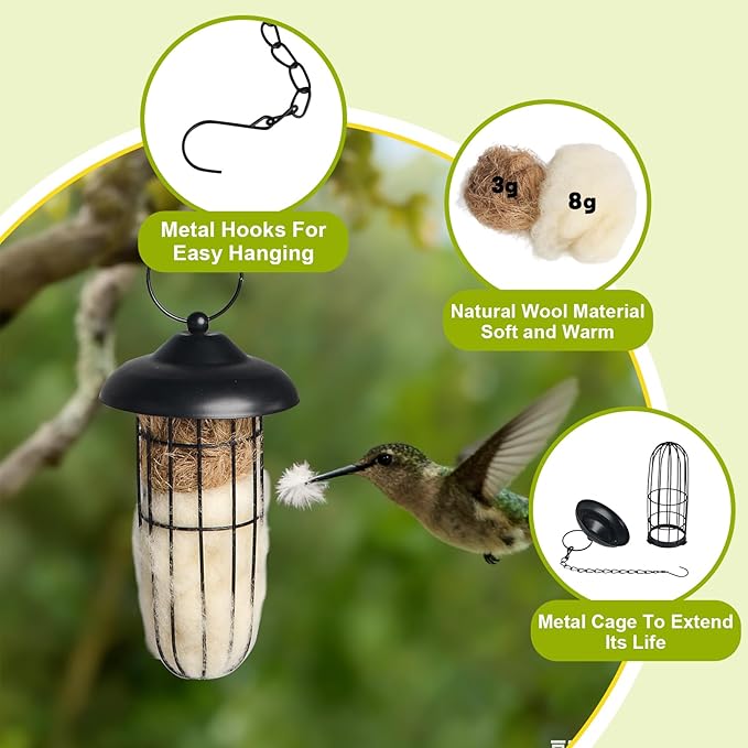 2PCS Bird Nesting Material, Refillable Hummingbird Nesters Metal Cage Holder with Wool Material for Wild Birds Nesting Station, Nest House for Bird Lover Gifts, Bird Watching Gifts for Outdoor Patio