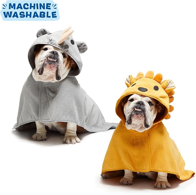 Barkbox Dog Bundle Fast Drying Bathrobe with Hook and Loop Closure & Wrap Tie Snuggle, Easy to Clean, Machine Washable, Dog Coats and Tumble Dry Low - Lion/Rhino, Medium