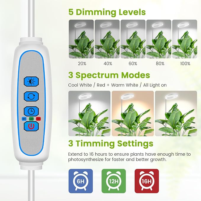 Kullsinss 6.3in Grow Light, Full Spectrum Plant Lights for Indoor Growing | White Plant Lamp with 6/12/16H Auto Timer, 5 Brightness Levels, 10-60in Height Adjustable, for Indoor Tall Plants (3-Pack)