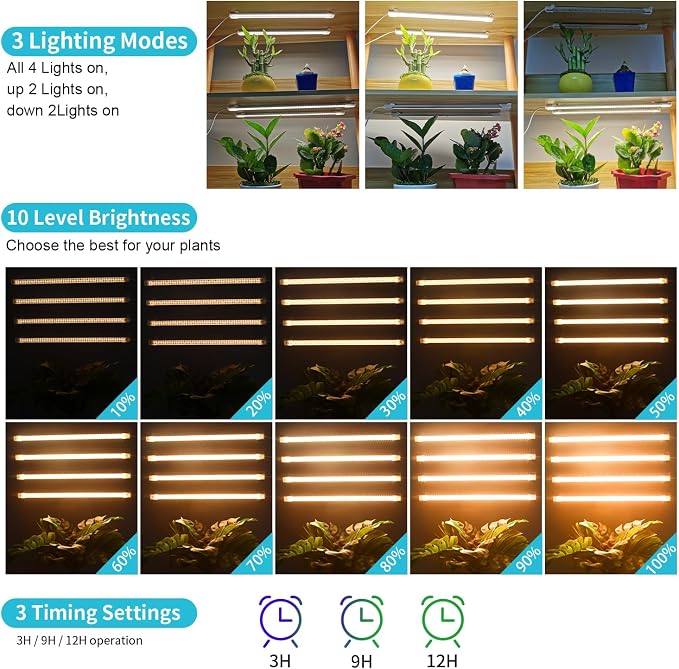 Hywyimlait LED Grow Light Strips for Indoor Plants Full Spectrum 3500K, 192 LEDs Plant Light Bar with 3/9/12H Timer, 10 Dimmable Levels for Seedling Succulent, 13 Inches, 4 Head