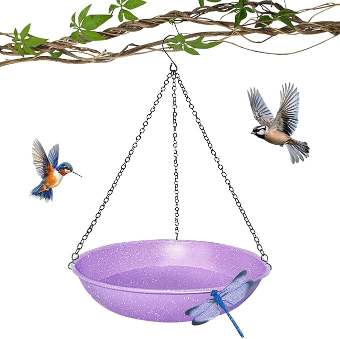Hanging Bird Bath for Outdoors,Metal Birdbath Bowl with Magnetic Dragonfly Decor Garden Bird Feeder & Water Basin for Backyard,Patio,Decoration,11 Inch Purple Speckled