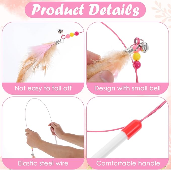 4 Pcs Cat Feather Toys, Interactive Cat Feather Wand Toy Pet Teaser Wire Wand with Bell Beads Wands Toys for Cats Chase Exercise Play