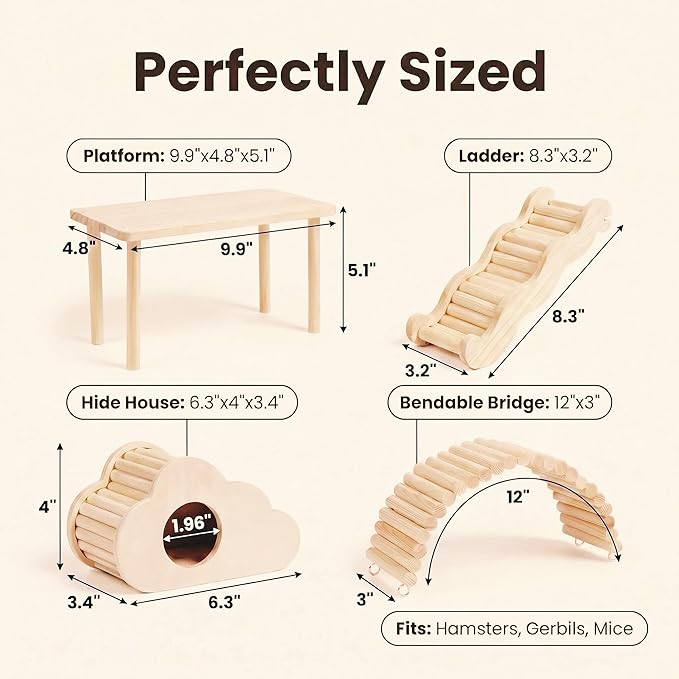 4 Pcs Hamster Platforms Wooden Ladder Bendy Bridge Fence Hidden Play House Hamster Game Climbing Toy with Platform Decor Cage Accessories for Dwarf Syrian Mice Degus Gerbils Squirrel Small Pets