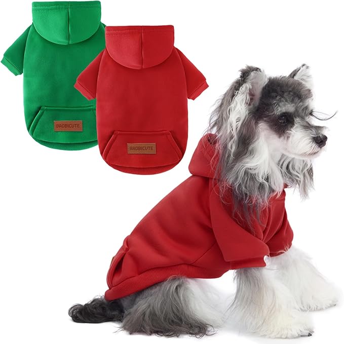 2 Pack Dog Hoodie Warm Hood Dog Sweater Cold Weather Small Dogs Sweatshirt Comfort Pet Clothes for Small Medium Dogs with Pockets (Green+Wine Red, S (Back: 9.45",Chest: 14.9", 3.5-5.8lbs))