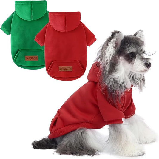 2 Pack Dog Hoodie Warm Hood Dog Sweater Cold Weather Small Dogs Sweatshirt Comfort Pet Clothes for Small Medium Dogs with Pockets (Green+Wine Red, S (Back: 9.45",Chest: 14.9", 3.5-5.8lbs))