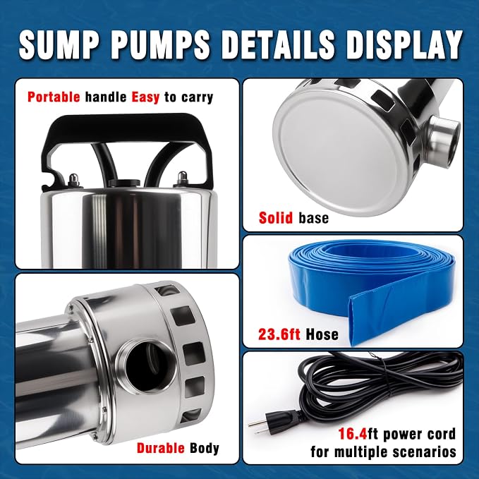 1.5HP 4000GPH Sump Pump, Submersible Water Pump with Float Switch