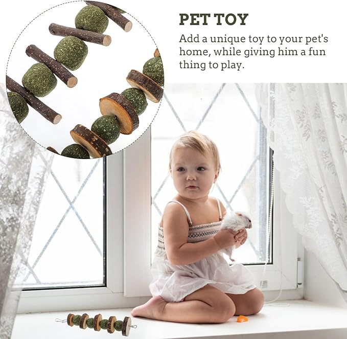 MERRYHAPY 2 Pcs Apple Wood Pet Molar for Rabbits and Hamsters Natural Chewing Sticks with Edible Grass Balls Interactive Small Animal Playthings to Reduce Boredom and Promote Dental Health