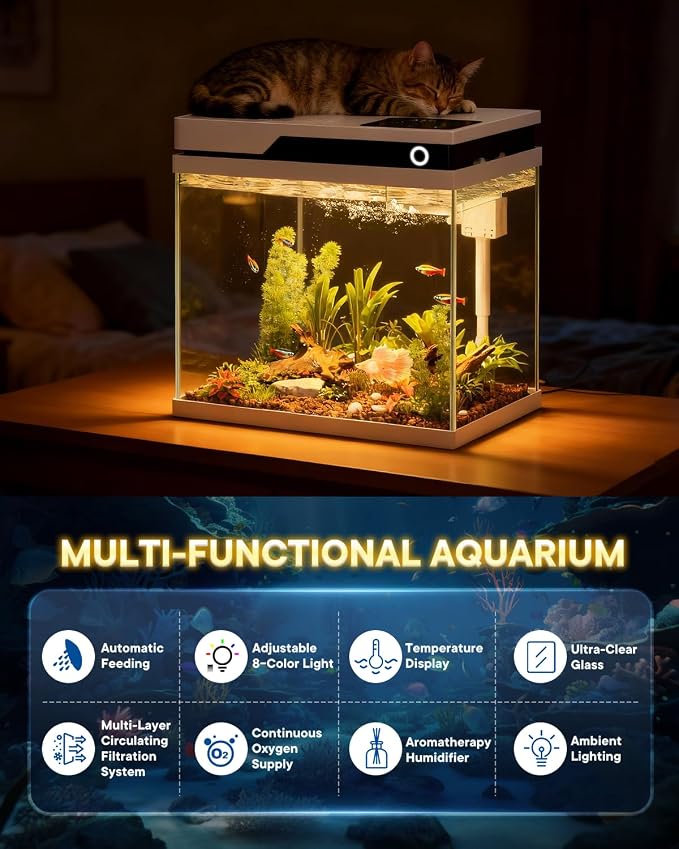 Vehipa Fish Tank, Smart Fish Aquarium Kit 4.2 Gallon | with Auto Feeder, 4-in-1 Silent Pump, Adjustable Lighting, Temperature Display & Humidifier for Desktop, Office, Room