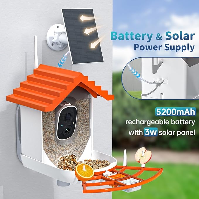 Smart Bird Feeder with Camera Solar Powered & AI Bi rd Identification, 2.4Ghz WiFi Bird feeders for Outdoors, 2K Live Video, Instant Arrival Alerts - Orange