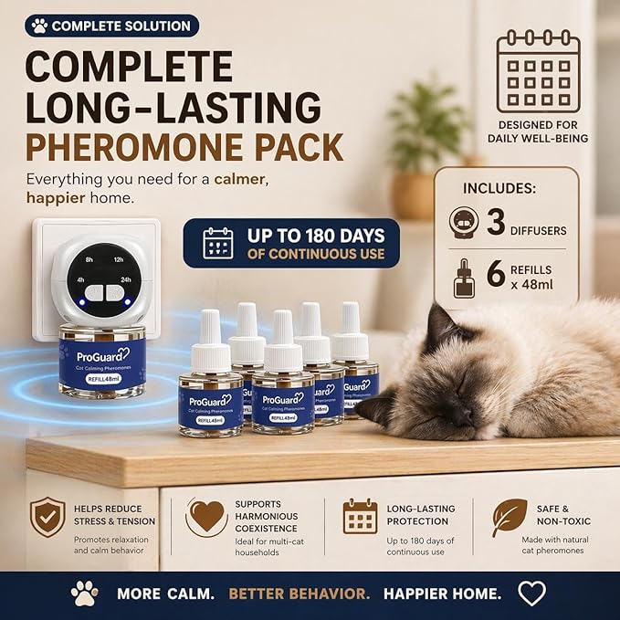ProGuard® Cat Calming Diffuser Kit with Timer – Advanced Support to Reduce Stress, Spraying, Scratching, Fighting and Hiding – Cat Pheromone Diffuser 9-in-1 with 3 Diffusers with Timer + 6 Refills