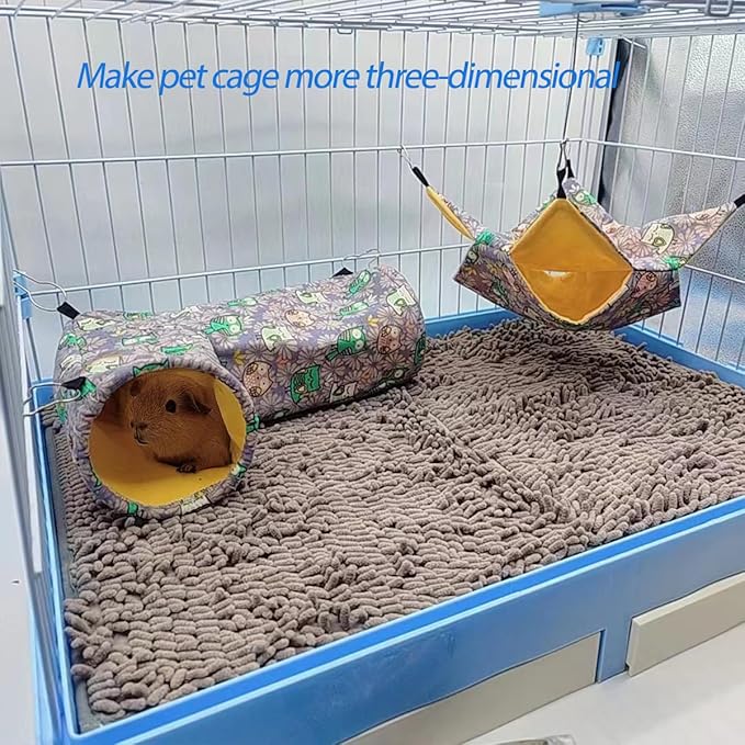 Guinea Pig Rat Tunnel Ferret Hammock, Small Animal Corner Tunnel & Tubes & Bed for Hedgehog Piggy Chinchilla Hideout Toys and Cage Accessories (3.Hammock&Tunnel, Owl)