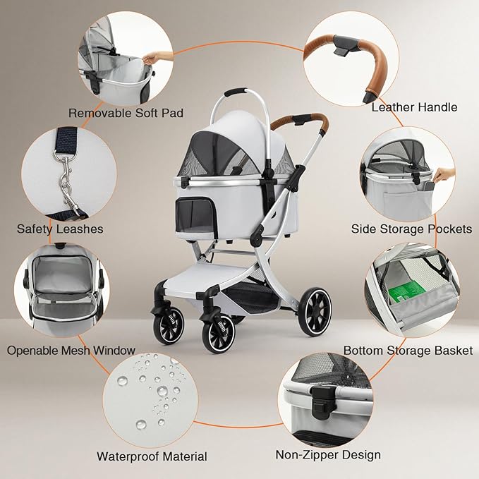 3 in 1 Pet Stroller for Small/Medium Dogs & Cats with Detachable Carrier, Storage Basket and Pet Pad, 4 Wheels Foldable Pet Travel Carrier for Car Seat & Hand Carry, Safe Outings (Grey)