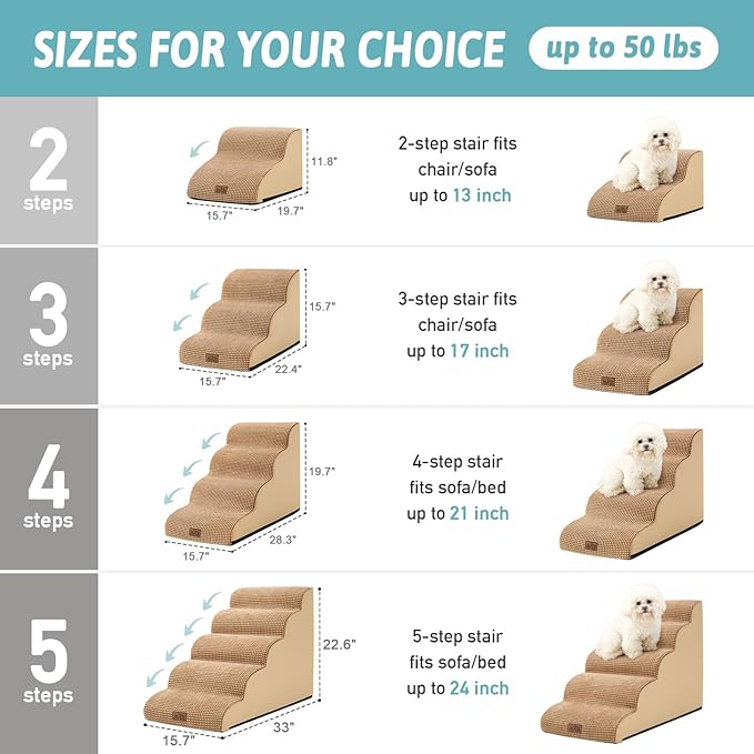 COZY KISS Dog Stairs for Small Dogs 15.7" H, Curved Dog Step for Puppy, Older Cat, Medium Pet Ramp for Sofa, Couch or Chair, Ladder with High Density Foam, 3 Step, 15.7x22.4x15.7 inch, Light Brown