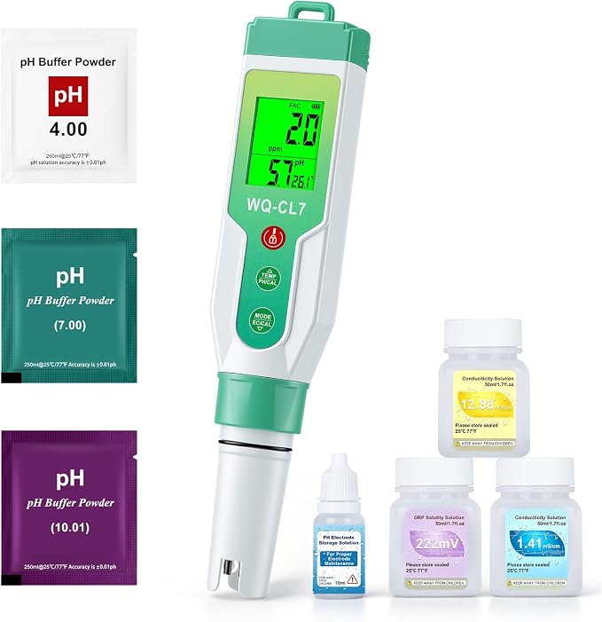 Digital Chlorine Tester, Pool Salt Tester with Calibration Kit | 7-in-1: pH, Salt, FAC, ORP, EC, TDS, Temp. High Precision with ATC. For Saltwater Pool, Hot Tub Spa, Aquarium, Hydroponic