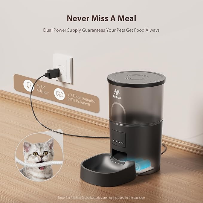 IMIPAW Automatic Cat Feeder, 5G WiFi Cat Food Dispenser with APP Remote Control, Pet Dry Food Smart Feeder, Programmable Timed Feeding, Dual Power Supply, 1-10 Meals Per Day, Desiccant Bag, Small pets