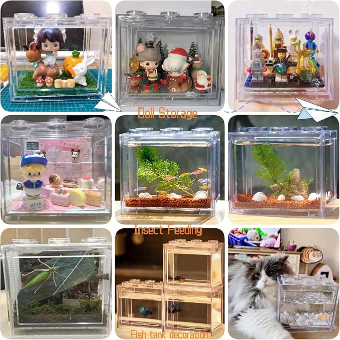 Small Betta Fish Tank, Stackable Mini Fish Tank Aquarium Tank Kit, 3/5 Gallon Rectangular Fish Bowl with Aquarium Gravel Decoration, Tiny Cube Tank for Seaweed Balls Sea Monkeys