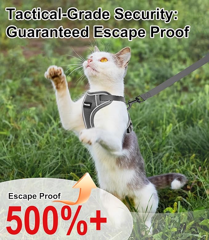 Cat Harness and Leash for Walking Escape Proof Soft Adjustable Cat Leash Breathable Comfortable Vest Easy to Wear Kitten Harness for Outdoor Travel (Grey, M (13-18lb))