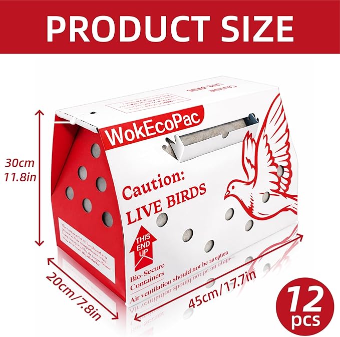 12 Pack Single Live Bird Shipping Boxes, Live Chicken Shipping Boxes, Poultry Shipping Boxes has Ventilation Openings, Cardboard Pet Carrier for Chicken, Bird, Duck, Pigeons, Canaries 17.7x7.8x11.8 in
