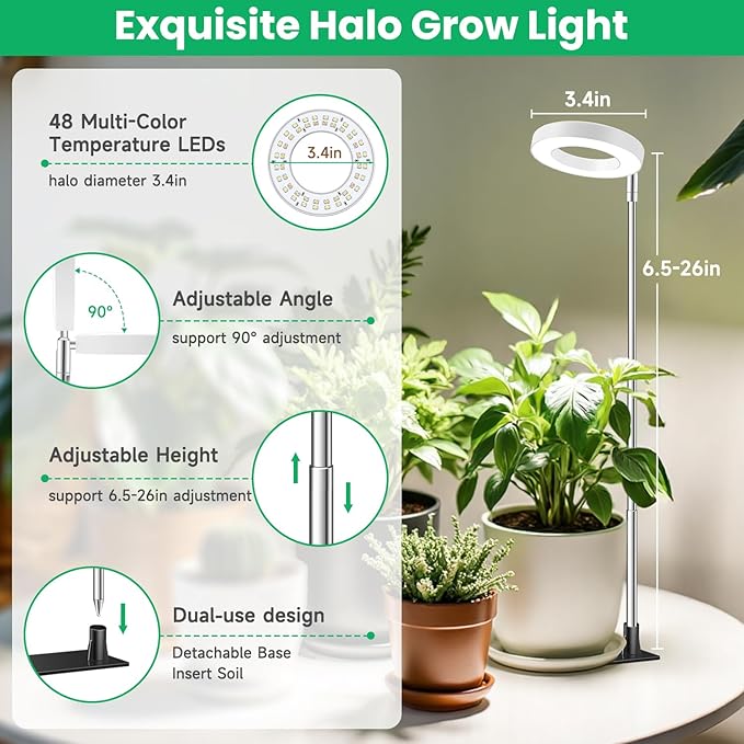 Aokrean Grow Lights for Indoor Plants,Full Spectrum Plant Lights for Indoor Growing with 3/9/12H Timer, 3 Color Modes, 10 Brightness, 6.5"-26" Height Adjustable Small Grow Light, 2 Pack(3.4in)