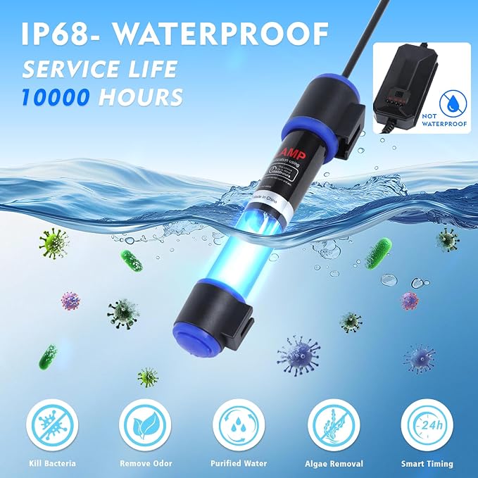 UV-C Aquarium Clean Light with Timer, Mini 3W 5W 7W 9W 11W Submersible Algae Clean Light Water Green Clean Fish Tank Water Clean Lamp for Sump Pond Filter Tank (9W Timer)