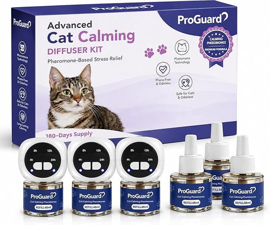 ProGuard® Cat Calming Diffuser Kit with Timer – Advanced Support to Reduce Stress, Spraying, Scratching, Fighting and Hiding – Cat Pheromone Diffuser 9-in-1 with 3 Diffusers with Timer + 6 Refills