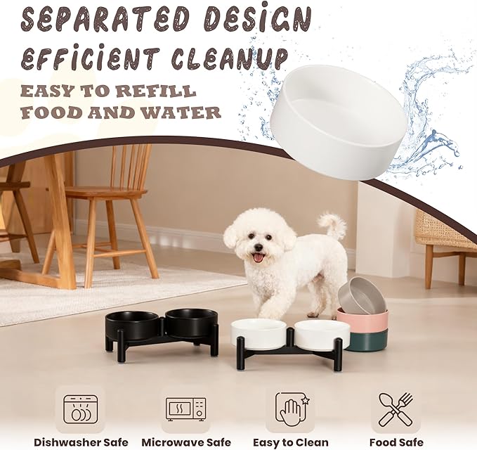 Raised Ceramic Dog Bowl Set - Elevated Double Dishes with Stainless Steel Stand - Food and Water Bowls for Small Dogs and Indoor Cats - Each Holds 1.6 Cups (10.8 fl oz) - Black