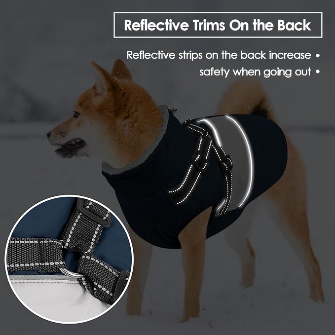 Small Dog Coat with Harness Built in, Warm Dog Jacket Winter with Zipper On Back, Waterproof Pet Snow Jacket Snowsuit Pet Sweater Clothes for Puppy, Blue XS
