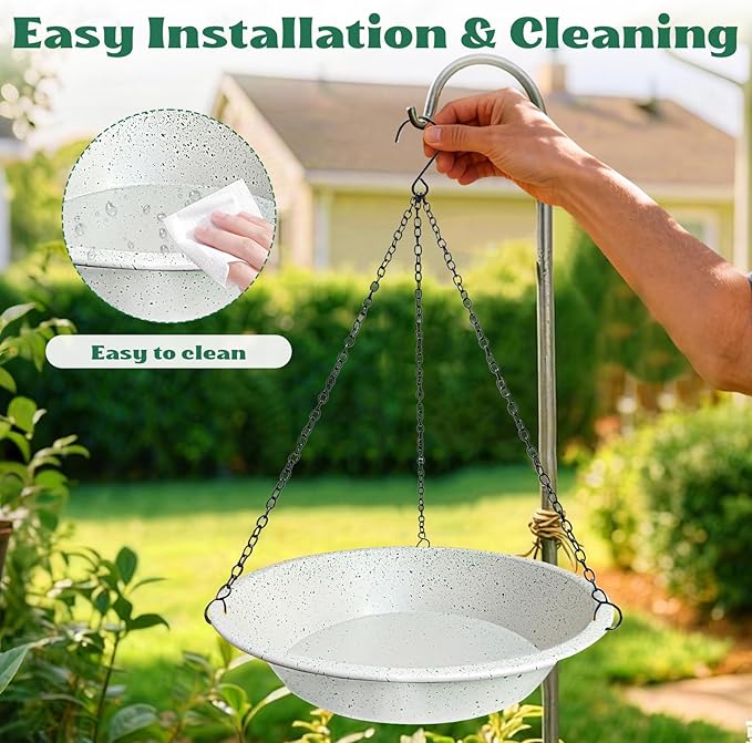 Hanging Bird Bath for Outdoor,Gray Speckled Granite Look Metal Bird Feeder Birdbath Bowl with 17” Rust-Proof Black Chains for Garden Backyard Decor