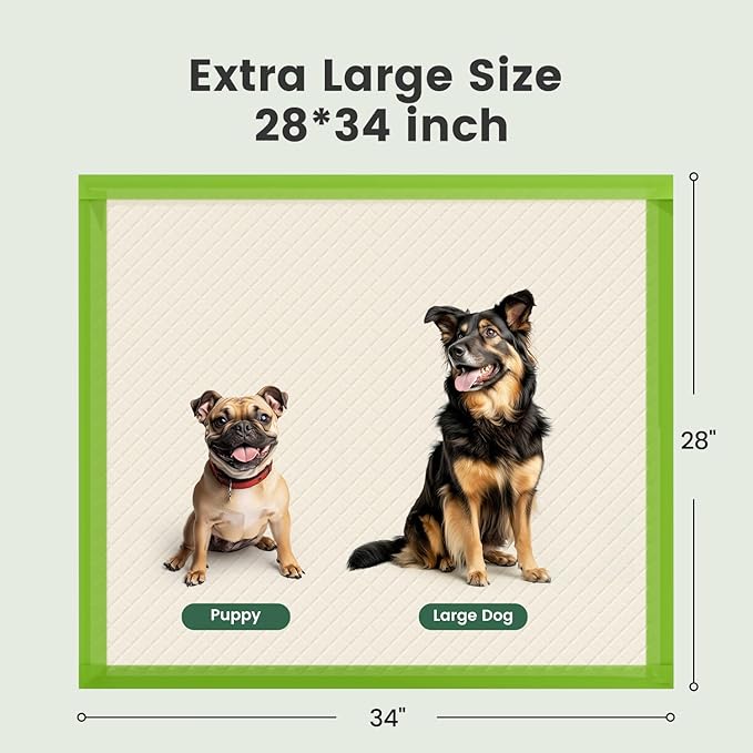Gardner Pet Dog Pee Pads Extra Large 28"x34", XL Thicker ECO Green Disposable Puppy Training Pads Super Absorbent Full Edge-Wrapping Pad for Dogs, Puppies, Cats, Rabbits (200 Count)