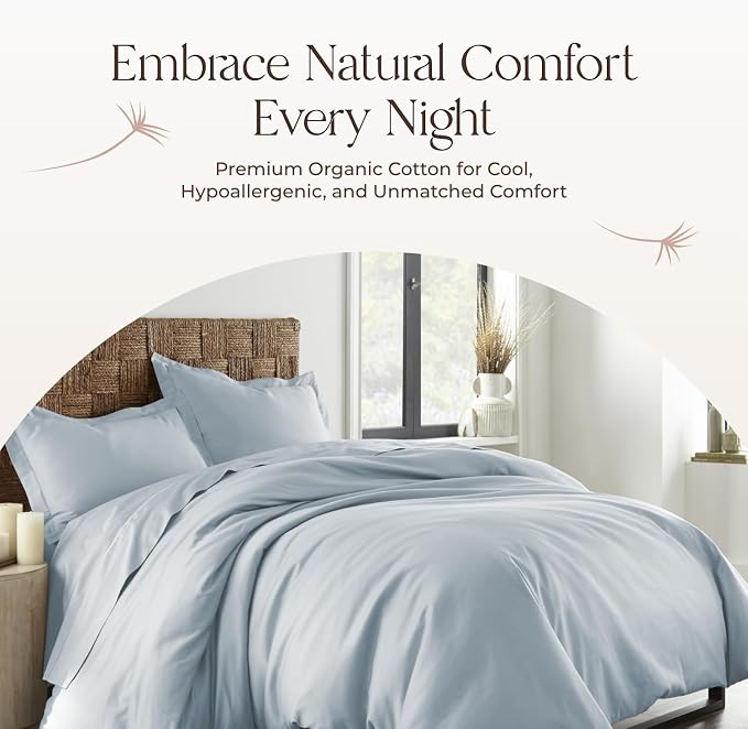 100% Organic Cotton Duvet Cover King Size - Naturally Soft Lightweight & Cooling Duvet Cover Set with Decorative Shams - Premium GOTS Certified 300 Thread Count Sateen Weave (Powder, King)