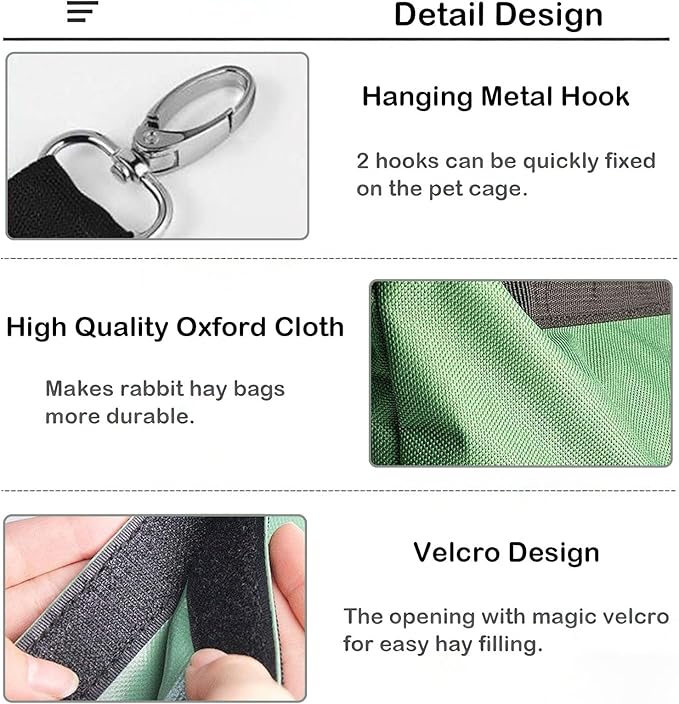 Rabbit Hay Feeder Bag, Large Capacity Rabbit Hay Bag Small Animal Hanging Hay Bag 600D Oxford Cloth Bunny Hay Feeder Bag for Rabbits Guinea Pigs Chinchillas (DarkGreen-4 Holes-1Pcs)