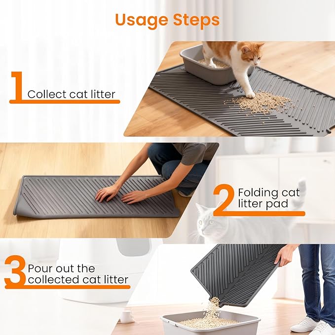 Cat Litter Mat, Large 34" x 22" Litter Trapping Mat, Silicone Litter Mat for Litter Box, Waterproof Foldable & Easy Clean, Scatter Control, Soft on Paws, Gray
