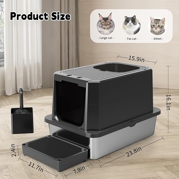 RIZZARI Enclosed Cat Litter Box: All Black Stainless Steel - Odor-Resistant & High-Sided - Teflon Non-Stick Coating for Quick Cleaning - Large Top-Exit Pan for Modern Homes Balcony