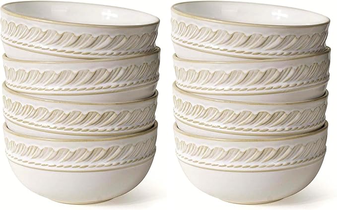 Artena Soup Bowls 32 OZ, Cereal Bowls Set of 4, White Embossment Ceramic Ramen Bowl for Salad, Dinner, Pho, Noodle, Pasta, Snacks, Dishwasher Microwave Safe, 6.3 Inch, Willow Leaf (Pack of 2)