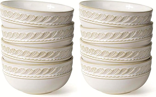 Artena Soup Bowls 32 OZ, Cereal Bowls Set of 4, White Embossment Ceramic Ramen Bowl for Salad, Dinner, Pho, Noodle, Pasta, Snacks, Dishwasher Microwave Safe, 6.3 Inch, Willow Leaf (Pack of 2)