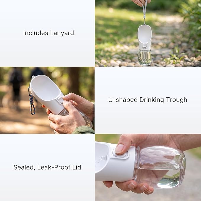 Portable Dog Water Bottle, Foldable Pet Water Dispenser with Drinking Trough, Leak-Resistant Travel Bottle, White, Ideal for Walking, Hiking & Outdoor Travel, 350ml White