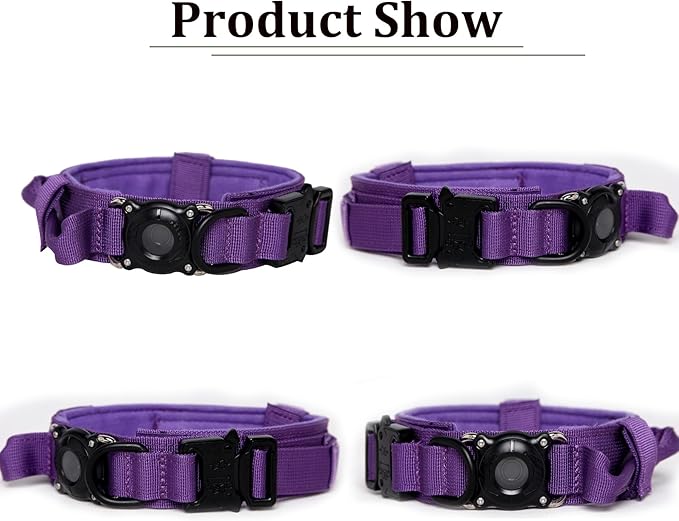 Xqpetlihai Tactical Dog Collar with Airtag Holder Waterproof Airtag Dog Collar with Control Handle and Metal Buckle(DeepPurple，L