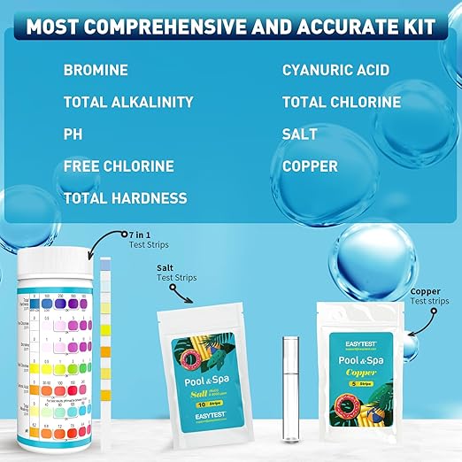 EASYTEST 9-Way Pool Test Strips, 140 Strips for Hot tub and Spa, Accurate Testing pH, Total Chlorine, Free Chlorine, Bromine, Alkalinity, Total Hardness, Cyanuric Acid, Salt and Copper