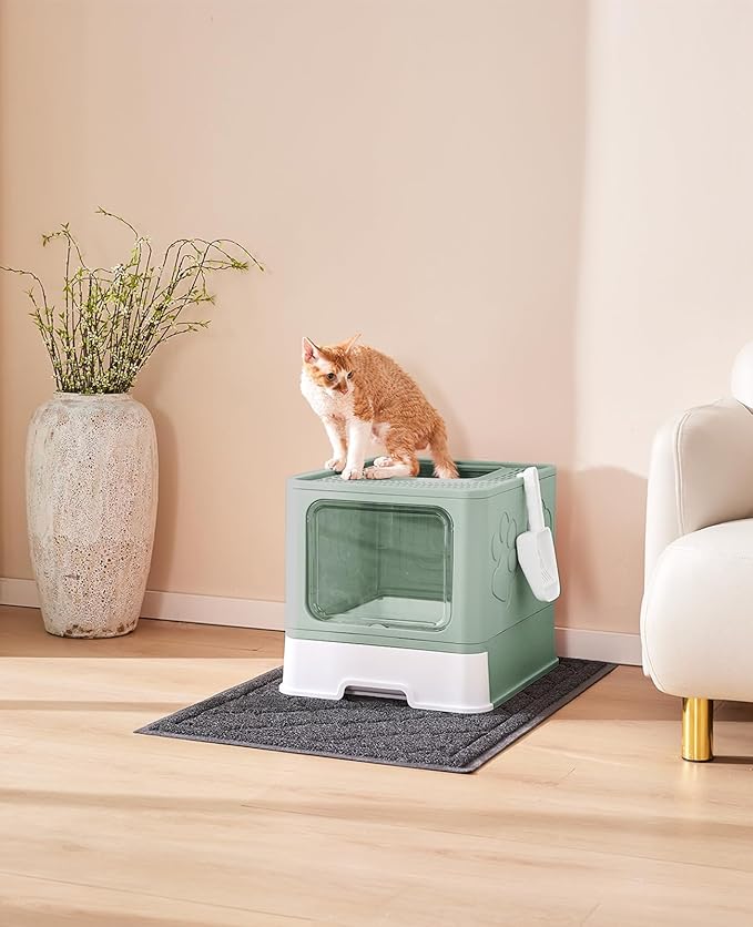 Medario Cat Litter Box with X-Large Litter Mat and Scoop, Large Covered Litter Box with Lid, Enclosed Kitty Box,Front Top Entry Exit, Odor Control Easy to Clean (Upgrade Green)