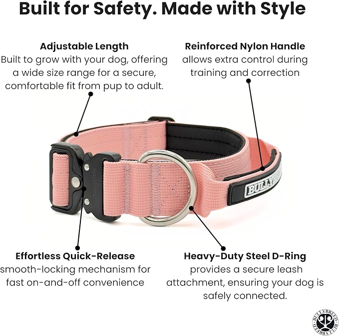 Heavy Duty Dog Collar, Tactical Dog Collar, Dog Collars for Medium Dogs, Waterproof Dog Collar, Dog Training Collar, Quick-Release Metal Buckle, Adjustable Sizes – BULLYBREED (Light Pink, Medium)