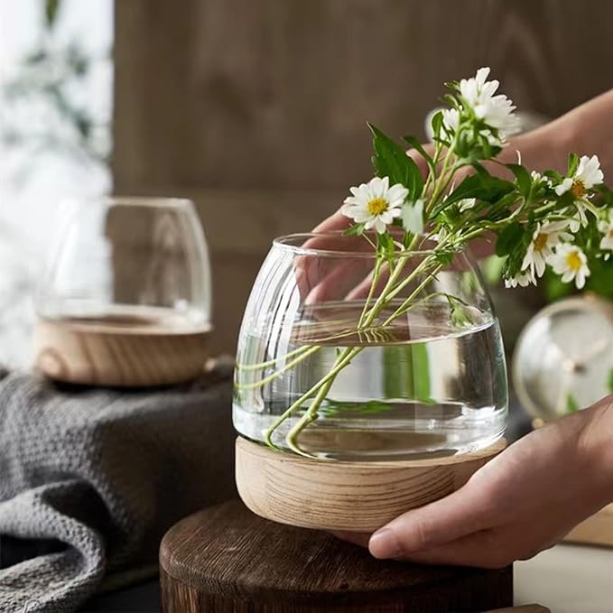 Glass Fish Bowl,with Wooden Base, Small Desktop Fish Bowl Aquarium for Betta Fish Gold Fish, Fish Tank Flower Vase,Hydroponic Plant Terrarium,for Home Decoration (11 x 19.5cm)