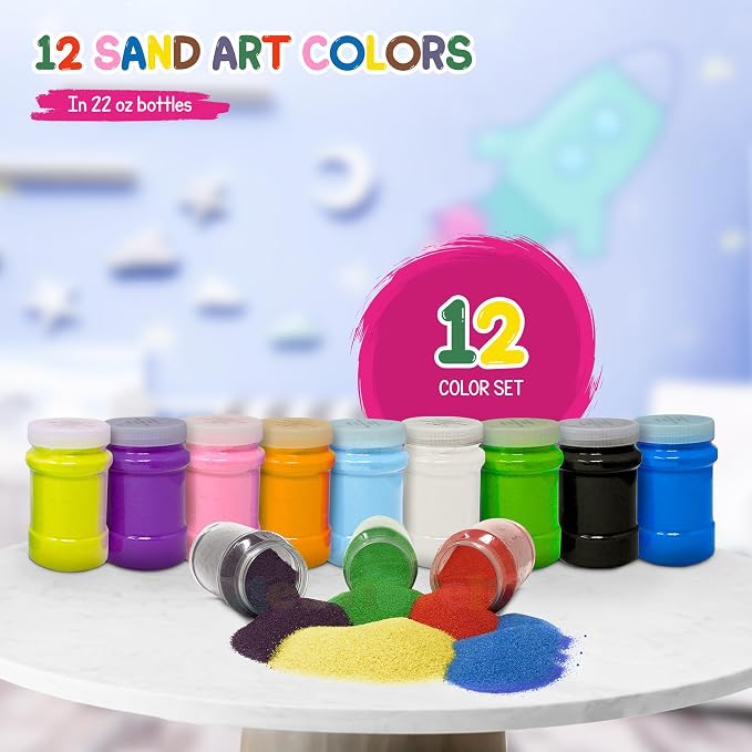16.5 Lb (12 Pack) Colored Sand for Crafts, 22 oz Each,12 Sand Art Colors Non-Toxic Craft Sand Colored with Storage Container, Non Toxic Spring Summer Teachers Classroom Supplies Tool Sands for Kids