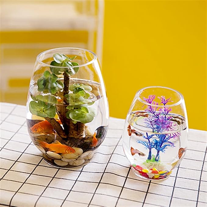 Fish Bowl Fish Tank Transparent Oval Small Fish Tank Glass Turtle Tank Ecological Tank Aquatic Plants Home Desktop Ornaments Living Room(Small)