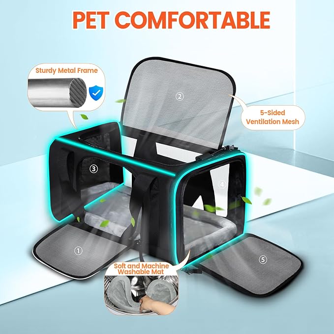 Petskd Small Pet Carrier with Wheels (17" L x 12" W x 8.5" H), JetBlue/Allegiant/Spirit Airlines Approved, Rolling Pet Carrier for Small Dogs & Cats (Black)