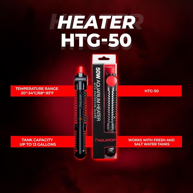Aquatop 50W Premier Glass Heater with Guard – Submersible for Fish Tanks Up to 13 Gallons – 68-93°F Adjustable Temp – Fresh & Saltwater Use