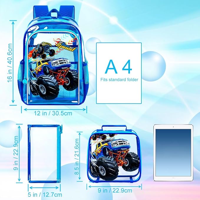 KLFVB 3PCS Clear Backpack for Girls and Boys, Kids See Through Backpacks Stadium Approved, Transparent Bookbag for Elementary